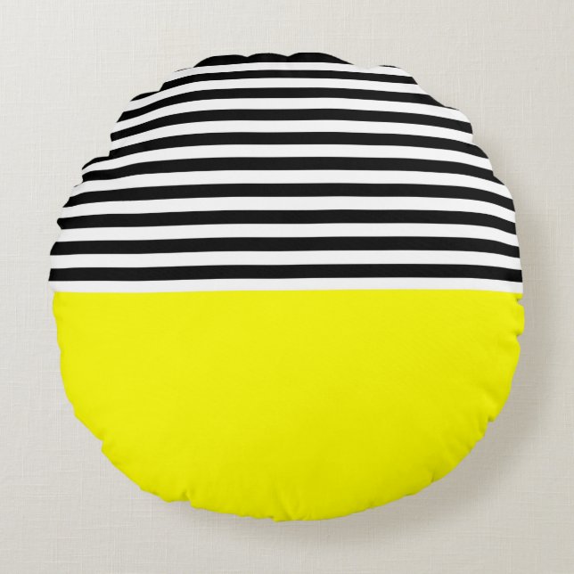 Coussins Ronds Jaune néon avec rayures noires et blanches (Devant)