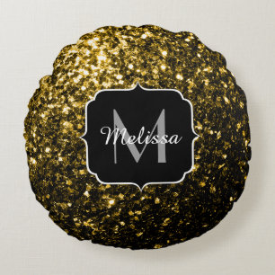 Coussins Ronds Jaune or foncé faux paillettes scintillent Monogra