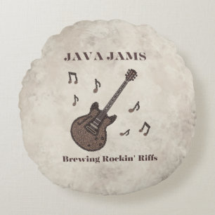 Coussins Ronds Java Jams-Brasser des Riffs Endiablés-Café-Guitare