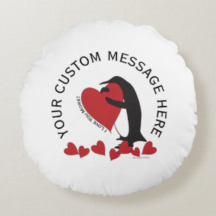 Coussins Ronds Je t'aime plus ! Pingouin et cœur rouge