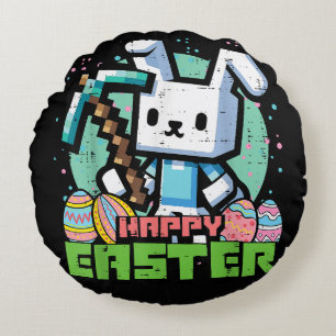 Coussins Ronds Jeu de pixels de lapin de Pâques heureux 