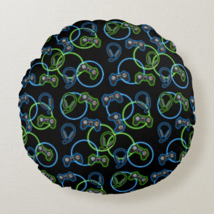 Coussins Ronds Jeu vidéo Neon Blue & Green Motif