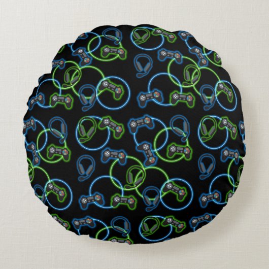 Coussins Ronds Jeu vidéo Neon Blue & Green Motif (Devant)
