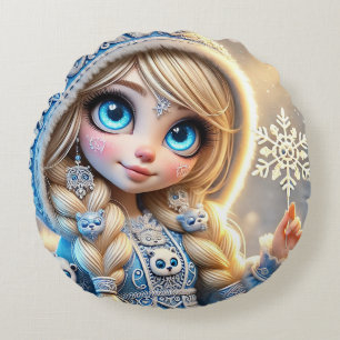 Coussins Ronds Jeune fille des neiges avec flocon de neige scinti