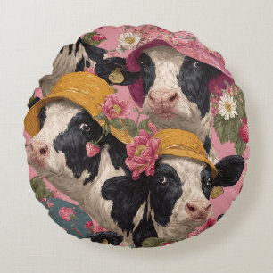 Coussins Ronds Jeunes vaches portant des chapeaux de printemps da