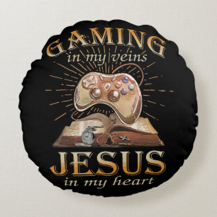 Coussins Ronds Jeux vidéo dans mes veines Jésus dans mon cœur