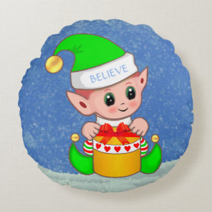 Coussins Ronds Joli bébé elfe de Noël sur fond bleu clair
