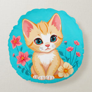 Coussins Ronds Joli Chat avec Fleurs