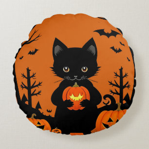Coussins Ronds Joli chat noir avec des citrouilles d'Halloween