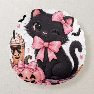 Coussins Ronds Joli Chat Noir Coquette Halloween avec des Rubans
