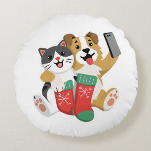 Coussins Ronds Joli chien et chat de Noël en selfie – Vacances am