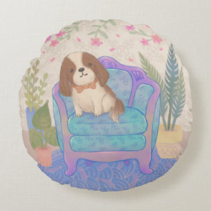 Coussins Ronds Joli chiot sur fauteuil Vintage Illustration