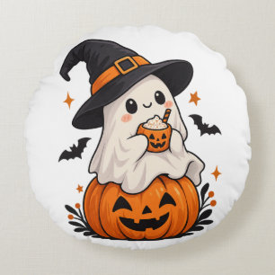 Coussins Ronds Joli fantôme de Halloween sorcière avec citrouille