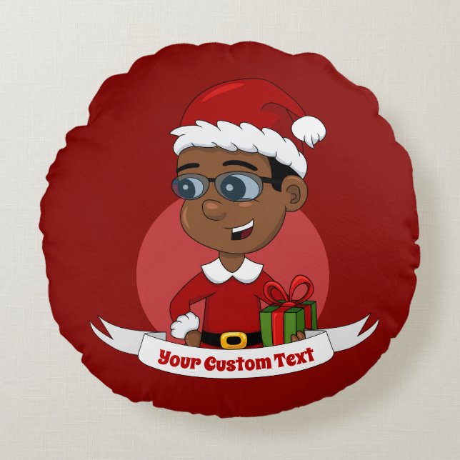 Coussins Ronds Joli garçon de Noël afro-américain avec lunettes (Devant)