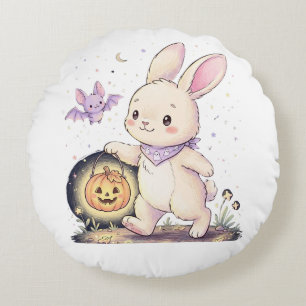 Coussins Ronds Joli lapin d'Halloween avec lanterne citrouille et