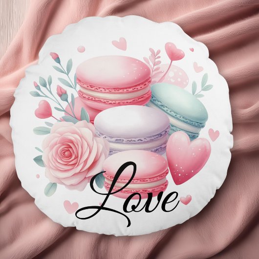 Coussins Ronds Joli Macaron et coeurs roses et blancs 