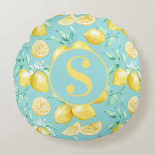 Coussins Ronds Joli motif de citron jaune sur monogramme bleu cla