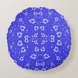 Coussins Ronds Joli motif de fleurs classiques bleu blanc