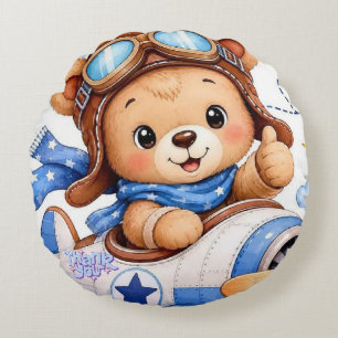 Coussins Ronds Joli Ours en Peluche de Dessin Animé Pilote Avion
