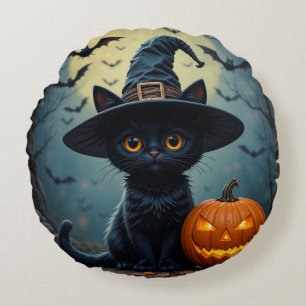 Coussins Ronds 🧙‍♀️🐾 Jolie chat sorcière ambiance cosy Hallowee