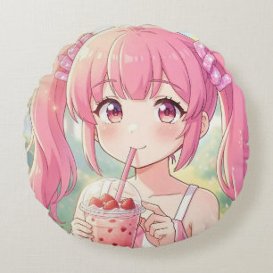 Coussins Ronds Jolie Fille d'Anime en Rose Buvant du Thé à Bulles