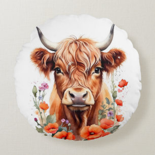 Coussins Ronds Jolie Vache Highland Et Fleurs De Pavot Aquarelle