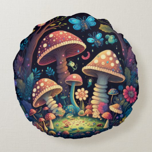 Coussins Ronds Jolies elfes mignonnes jouent sous les champignons (Dos)