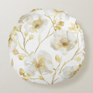Coussins Ronds Jolies Fleurs Blanches Dorées 