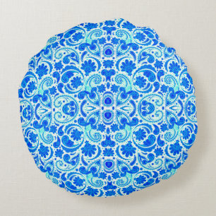 Coussins Ronds Jolis motifs paisley bleu aqua