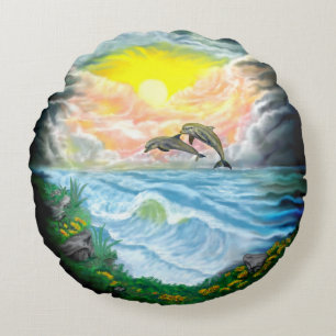 Coussins Ronds Jouer aux dauphins sous le soleil