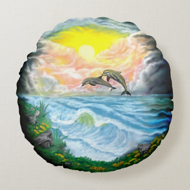 Coussins Ronds Jouer aux dauphins sous le soleil (Devant)