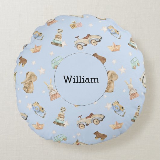 Coussins Ronds Jouets vintages Baby Boy Nursery Blue (Devant)