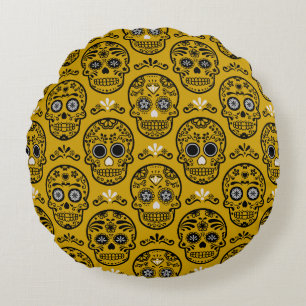 Coussins Ronds Jour des Morts Mexicain Calavera Crâne Floral Folk