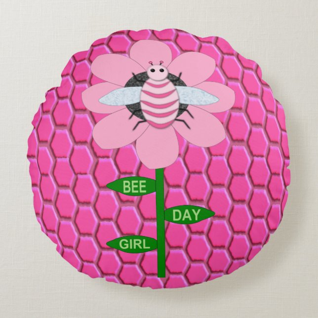 Coussins Ronds Joyeuse Bee Day Girl rose Anniversaire Bumblebee (Devant)