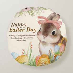 Coussins Ronds Joyeuse fête de Pâques au lapin floral aquarelle a