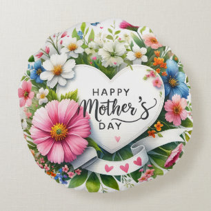 Coussins Ronds Joyeuse Fête des mères Coeur floral