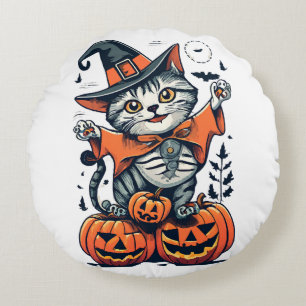 Coussins Ronds Joyeuse sorcière de chat Halloween