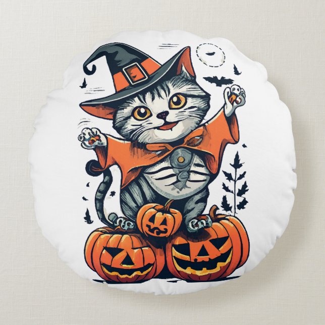 Coussins Ronds Joyeuse sorcière de chat Halloween (Devant)