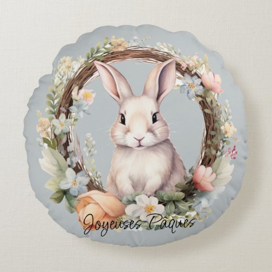 Coussins Ronds Joyeuses Pâques Lapin De Pâques Dans Une Couronne (Devant)