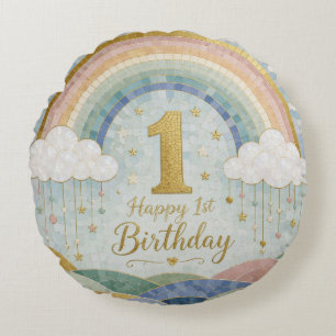 Coussins Ronds Joyeux 1er Anniversaire Mosaic Arc-en-Ciel Nuage D