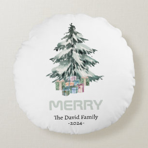 Coussins Ronds Joyeux Aquarelle Neige Pine Noël Arbre Cadeaux