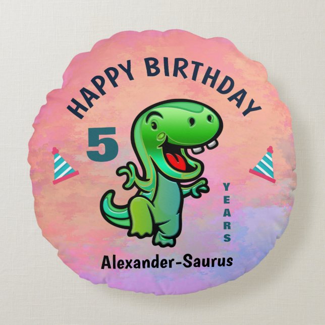 Coussins Ronds Joyeux Dinosaure Vert Anniversaire Personnaliser (Devant)