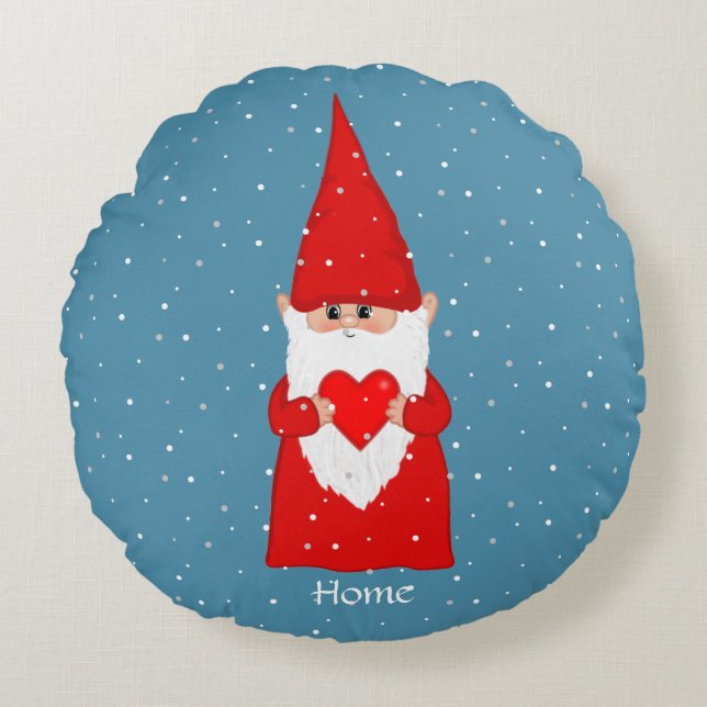 Coussins Ronds Joyeux Gnome & Coeur sur Sapphire Blue (Devant)