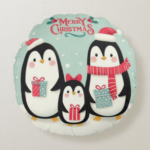 Coussins Ronds Joyeux manchots enneigés de Noël