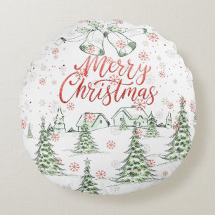 Coussins Ronds Joyeux Noël Arbres rouges et verts neige