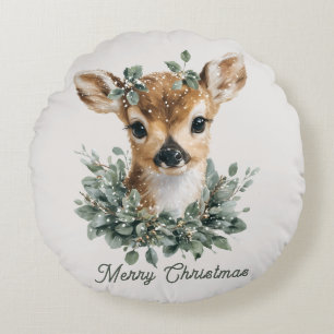 Coussins Ronds Joyeux Noël au faon mignon - Faon à l'aquarelle