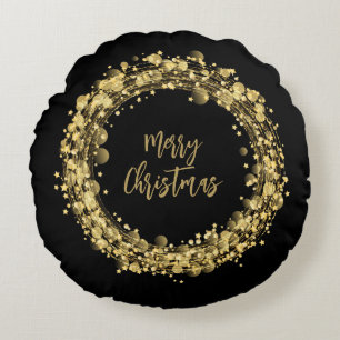 Coussins Ronds Joyeux Noël Gold Stars sur Noir
