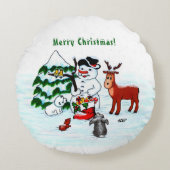 Coussins Ronds Joyeux Noël ! Snowman avec amis (Devant)