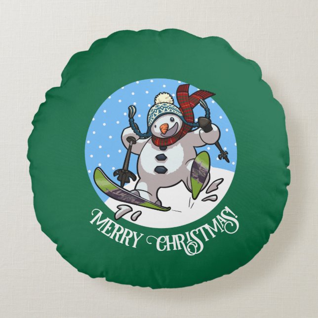 Coussins Ronds Joyeux Noël! Texte modifiable Ski Snowman (Devant)