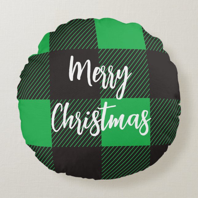 Coussins Ronds Joyeux Noël vert plaid (Devant)